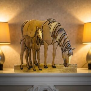Handcrafted Intarsia Wood Wall Art Mare & Foal Walnut